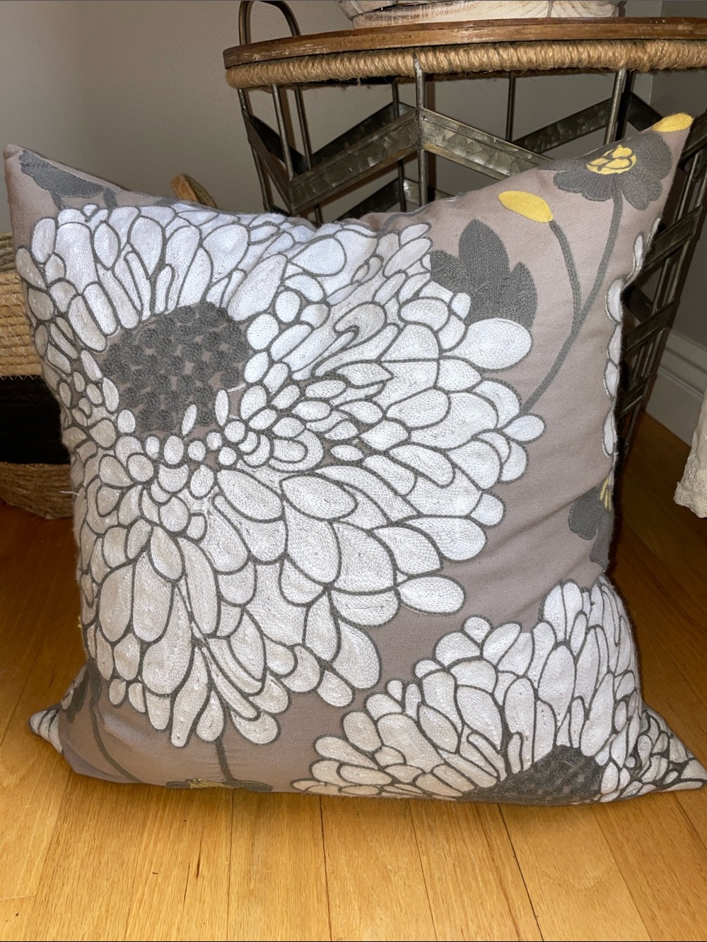 Decorative Floral Throw Pillow - Gray with White & Yellow Accents